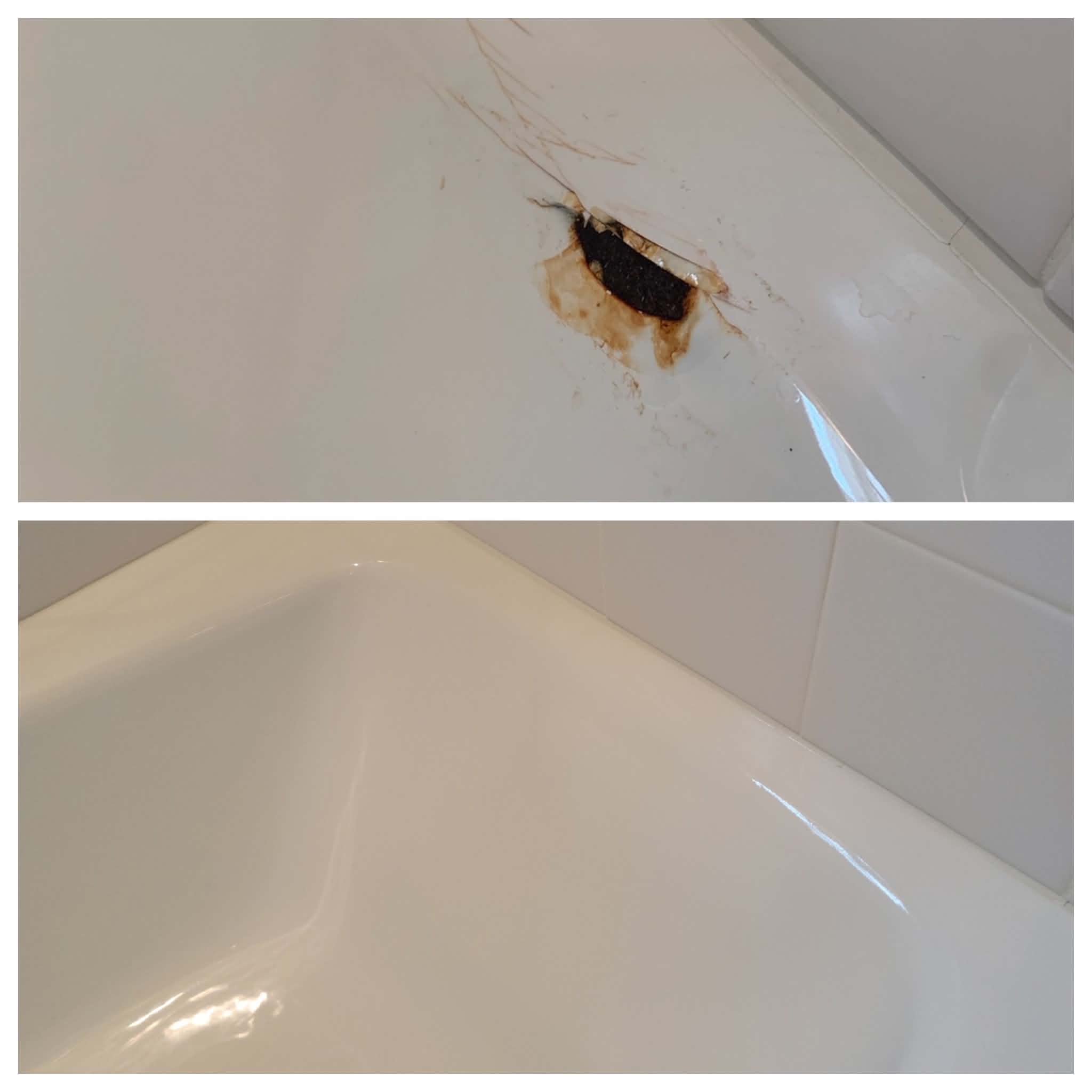 Rusted hole in a tub or shower wall repaired and refinished