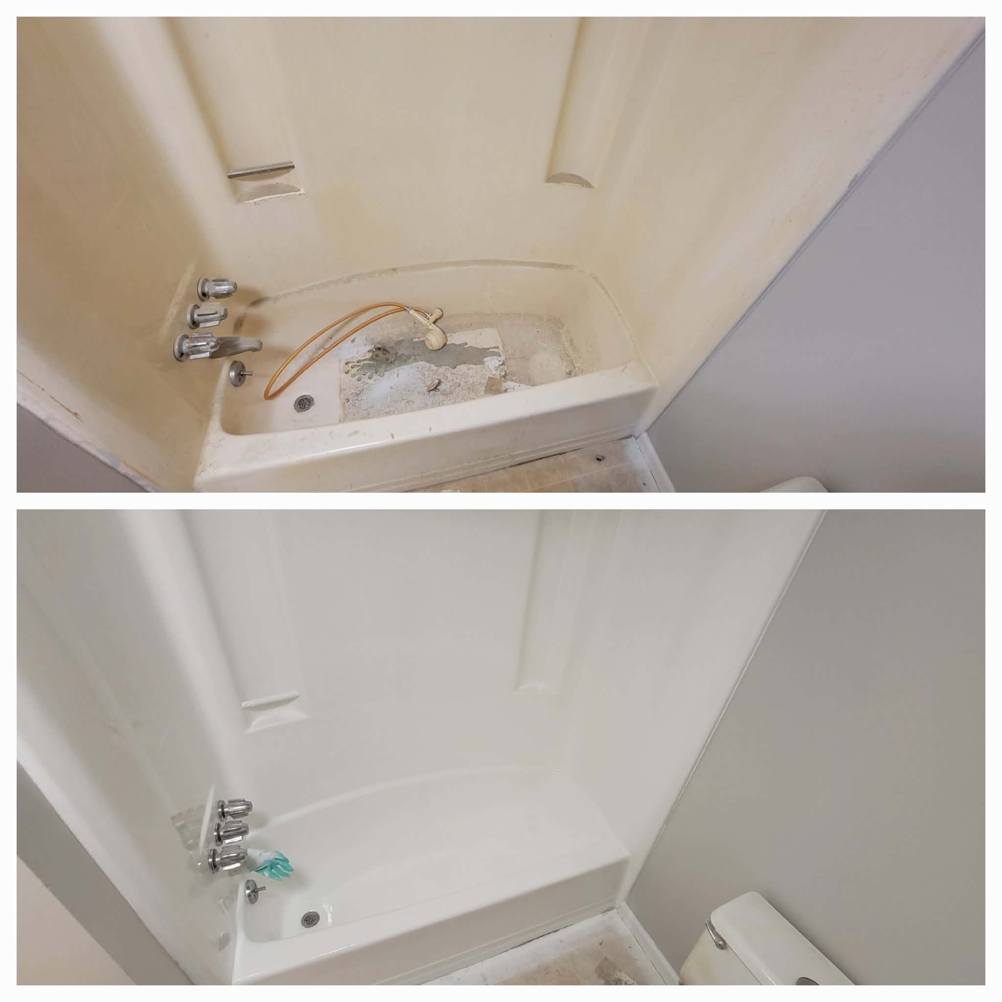 Tub and shower surround before and after refinishing