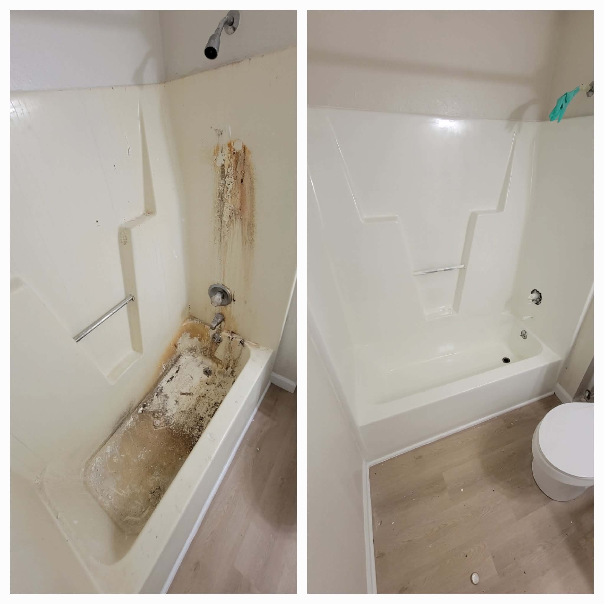 Badly stained tub and shower surround restored to white
