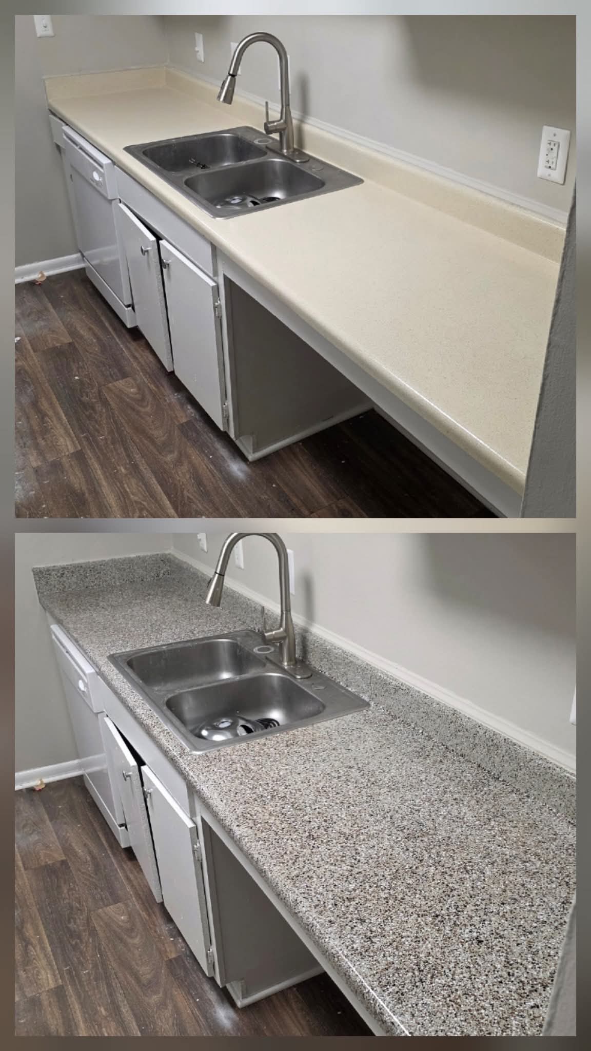 Long countertop before and after changing to gray speckle
