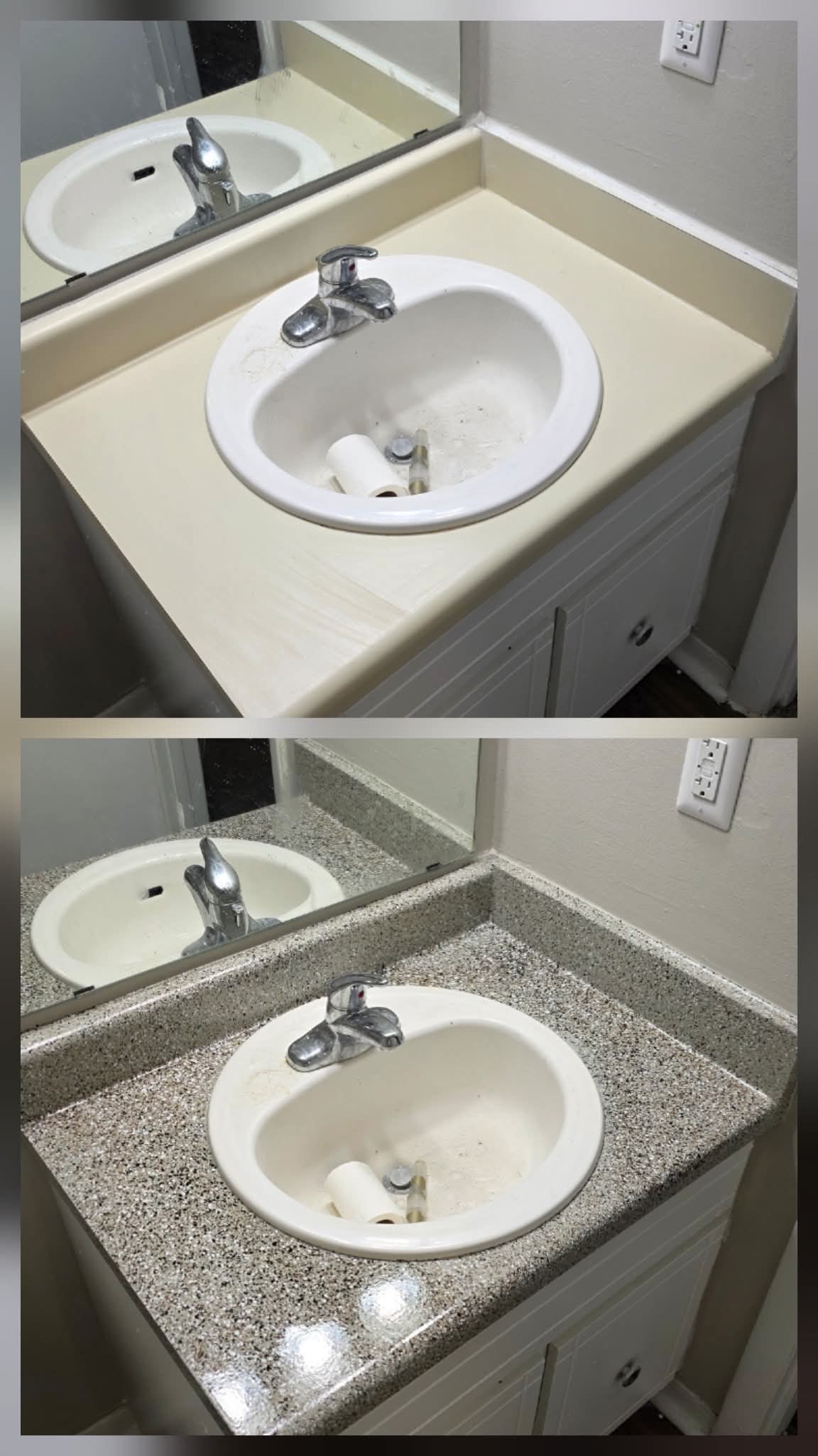 Cream vanity top changed to a gray speckled finish